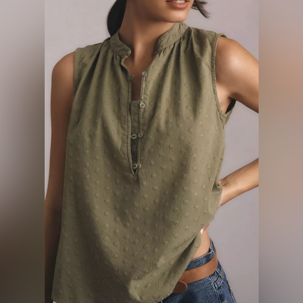 Cloth & Stone Olive Green Sleeveless Blouse XL Embroidered Dot Button Front